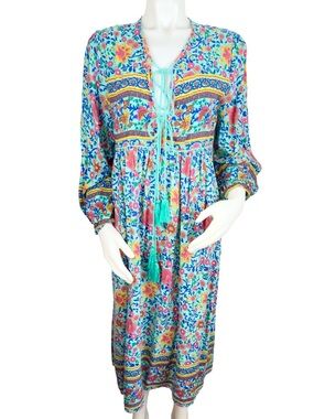 R. Vivimos Boho Lace-Up Floral Tunic Dress in Aqua